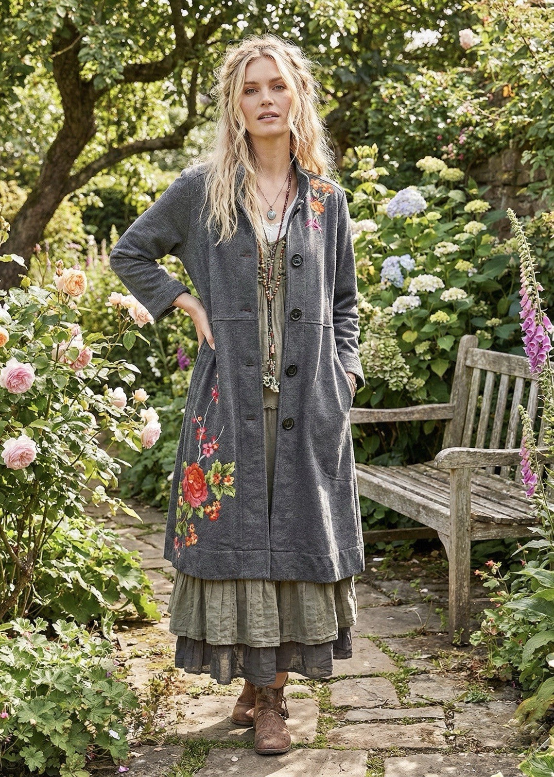 Johnny Was 1X Charcoal Military Style Coat Jacket Wrap Embroidered Soft & Warm Johnny Was