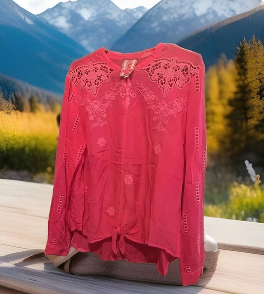 Johnny Was L Embroidered Top Watermelon Red Eyelet Lace Tie Front Silky