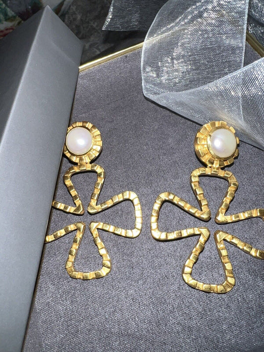 NEW Julie Vos 24k Gold Plate & Pearl Cross Statement Earrings WOW NWOT