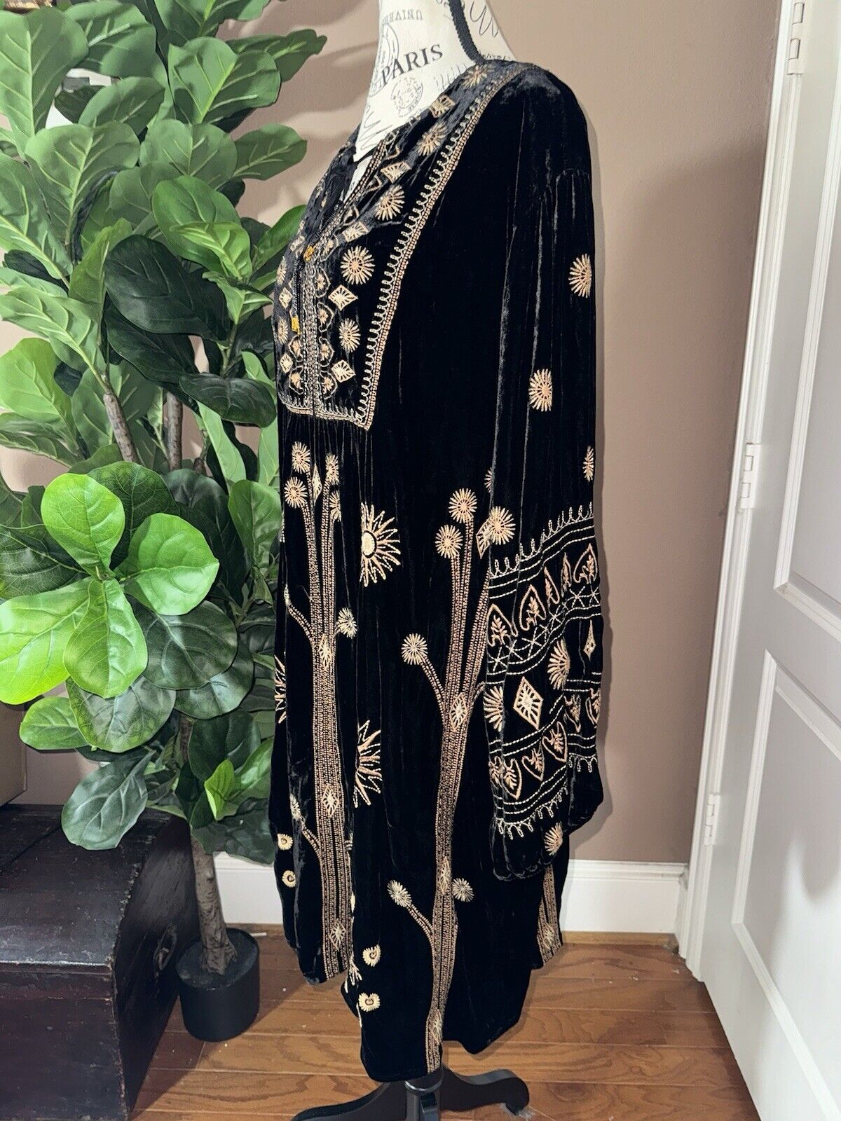 Johnny Was Sz 3X 3XL Black & Gold Velvet Kimono Mini Dress Or Tunic Top