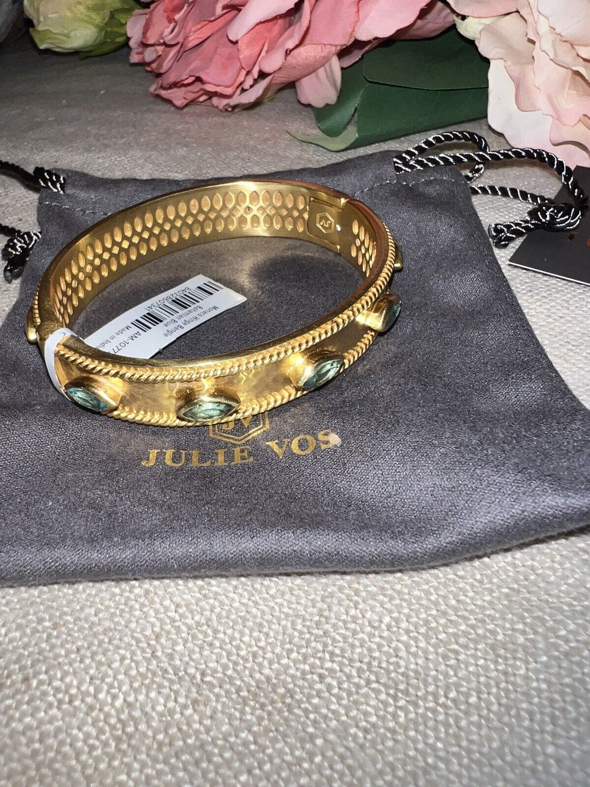 NEW Julie Vos Bahamian Blue 24k Gold Plate Large Hinged Cuff Bangle Bracelet NWT