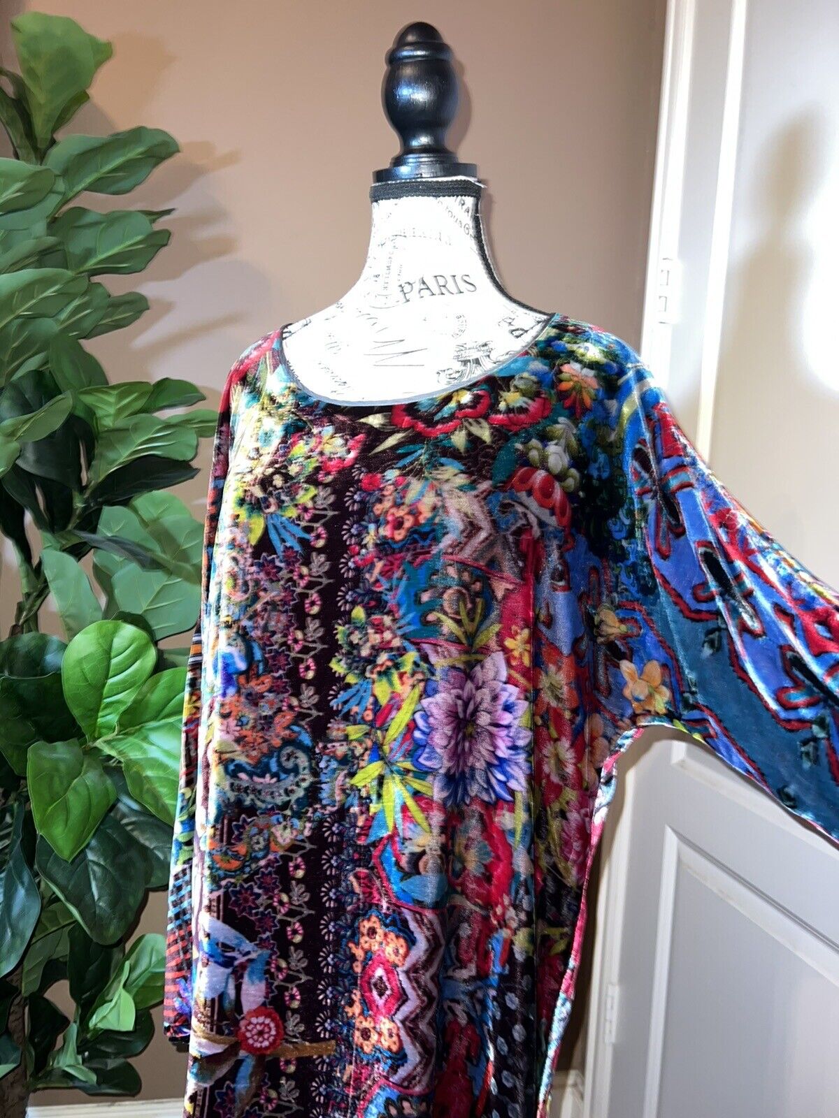 Johnny Was Floral Velvet Tunic Top Mini Dress Long Sleeve Sz XL Jewel Tones