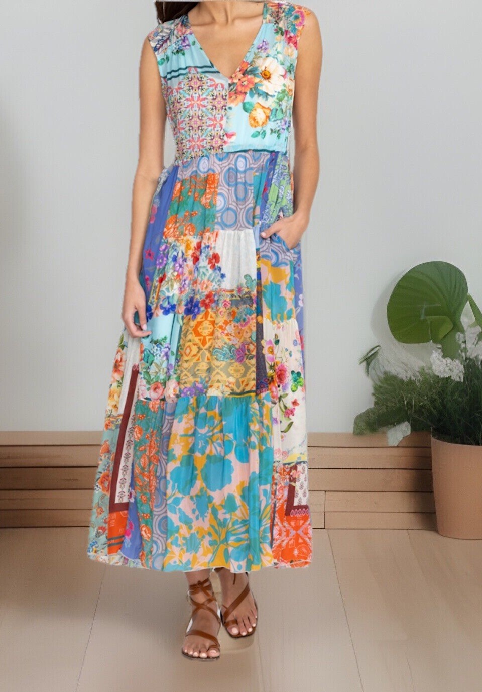 Johnny Was 1XL 1X Maxi Dress Sleeveless Patchwork Floral Pattern Tassel BOHO Johnny Was