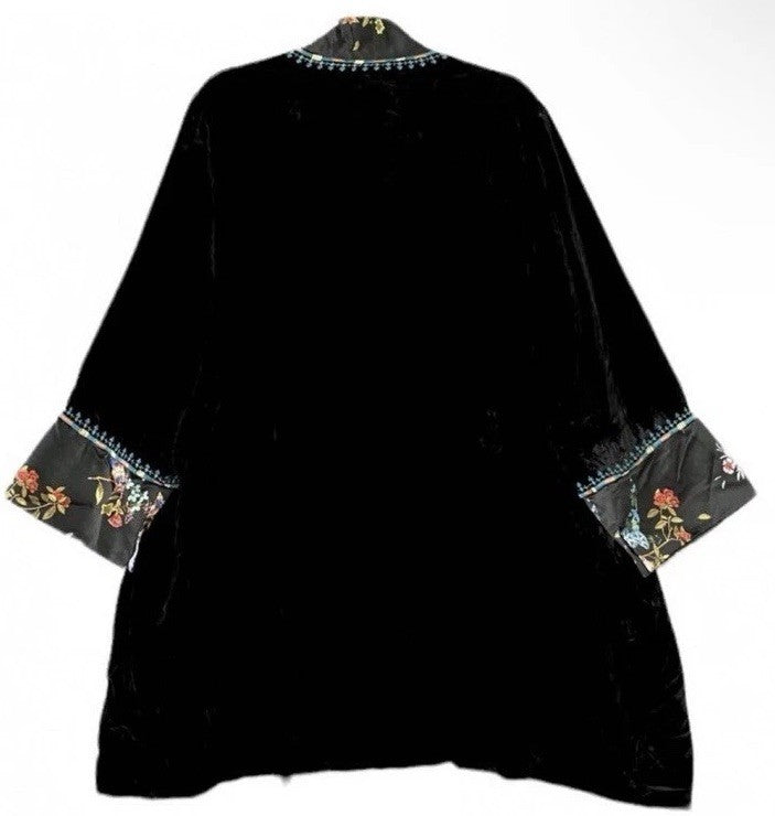 Johnny Was XL Black Velvet & Silk Kimono Embroidered Floral BOHO Wrap Duster Johnny Was