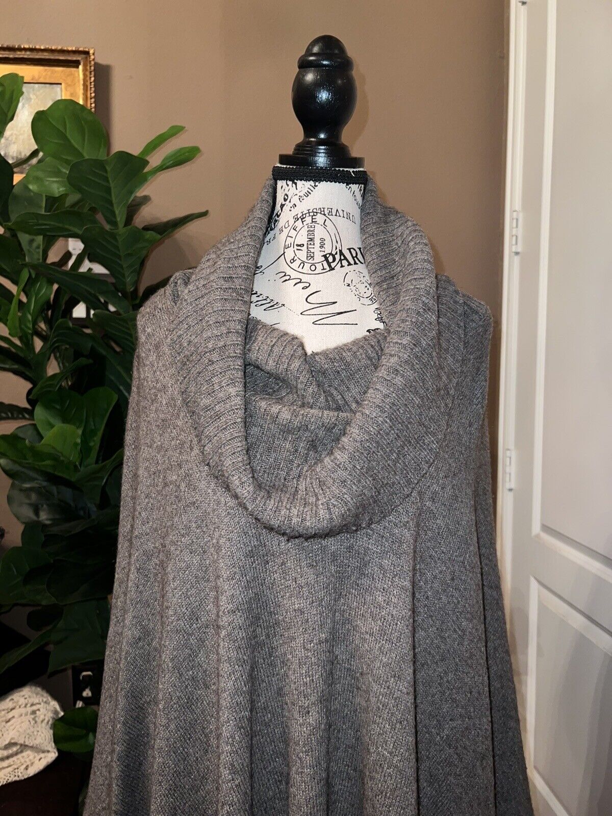 Eileen Fisher L Charcoal Grey Merino Wool Cowl Neck Poncho Pullover Sweater