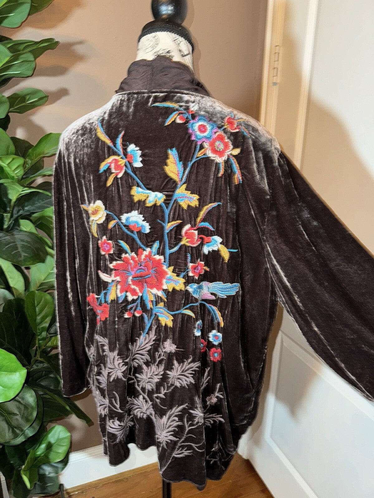 Johnny Was L Brown Velvet & Silk Panel Kimono Embroidery Wrap Cardigan Jacket Johnny Was