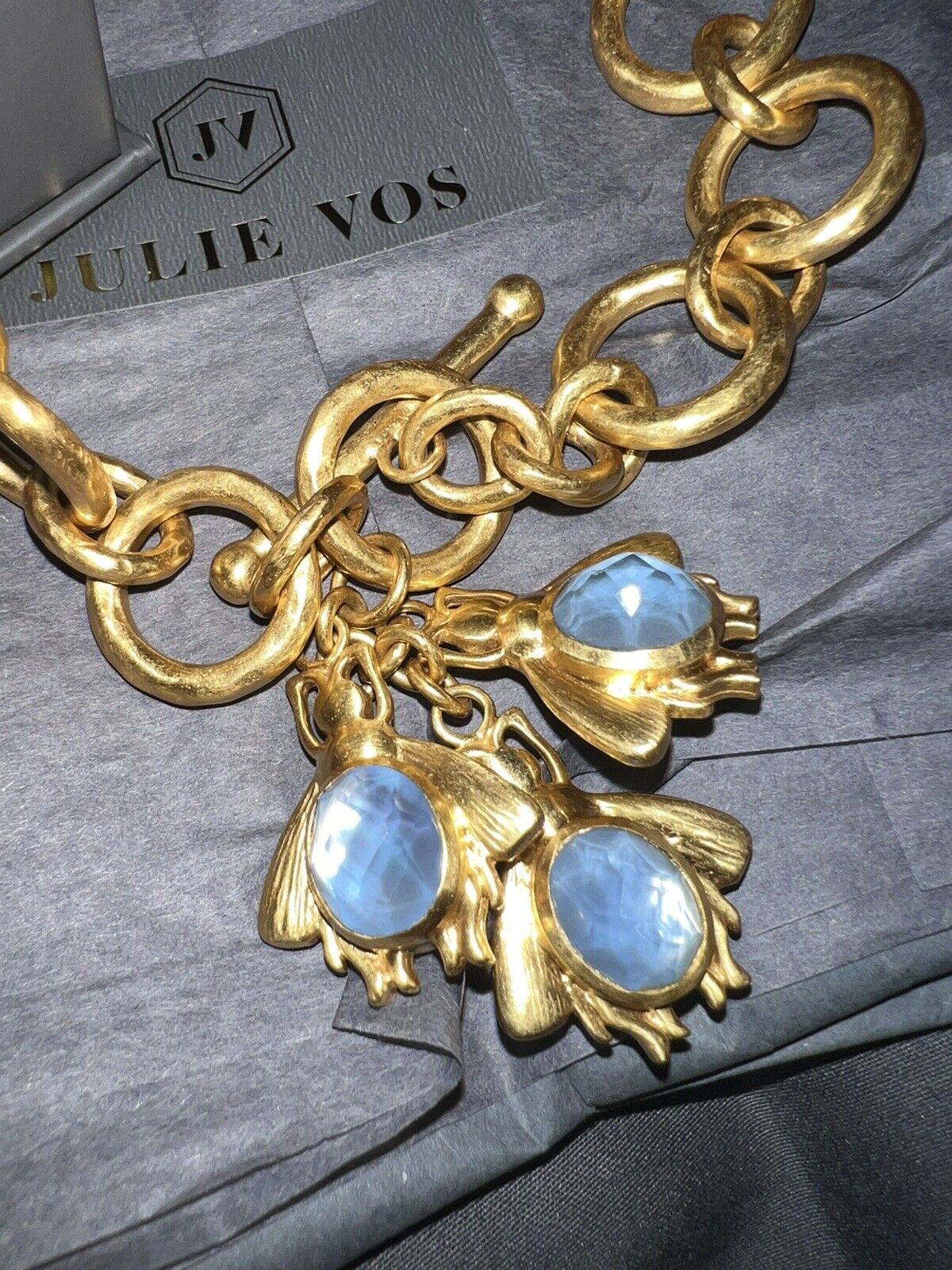 Julie Vos REVERSIBLE Bee Toggle Link Necklace 24k Gold Plate Chalcedony Clear