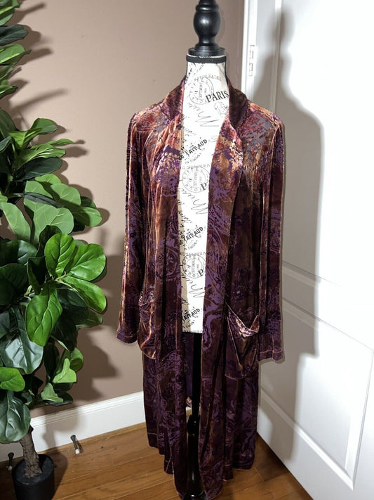 Johnny Was Burnout Velvet Long Kimono Duster Wrap M Medium Burgundy Wine Classic