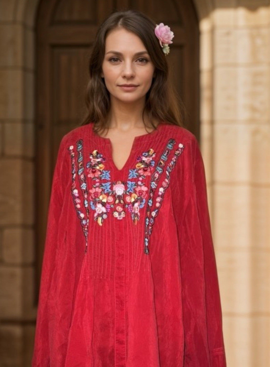 Johnny Was 1X Peasant Top Blouse Red Silky Lightweight Cool Embroidered Tunic Johnny Was