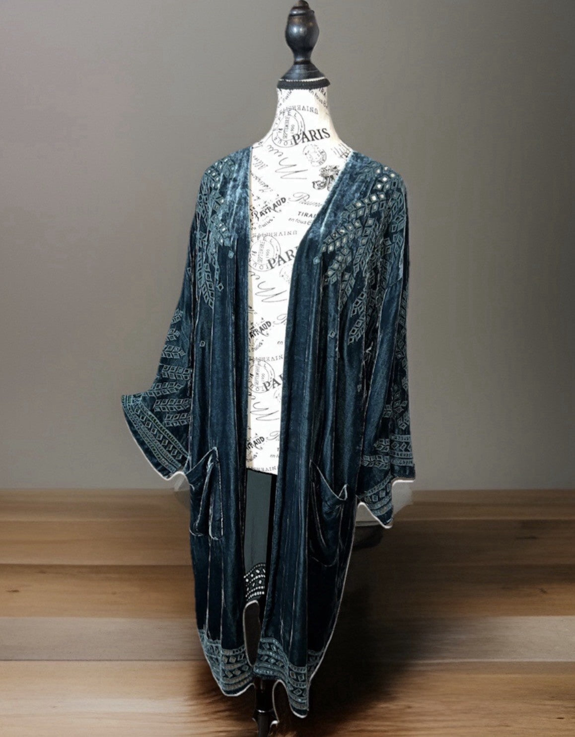 Johnny Was Jade L Large Velvet Long Kimono Duster Wrap Green Coat Embroidery Johnny Was