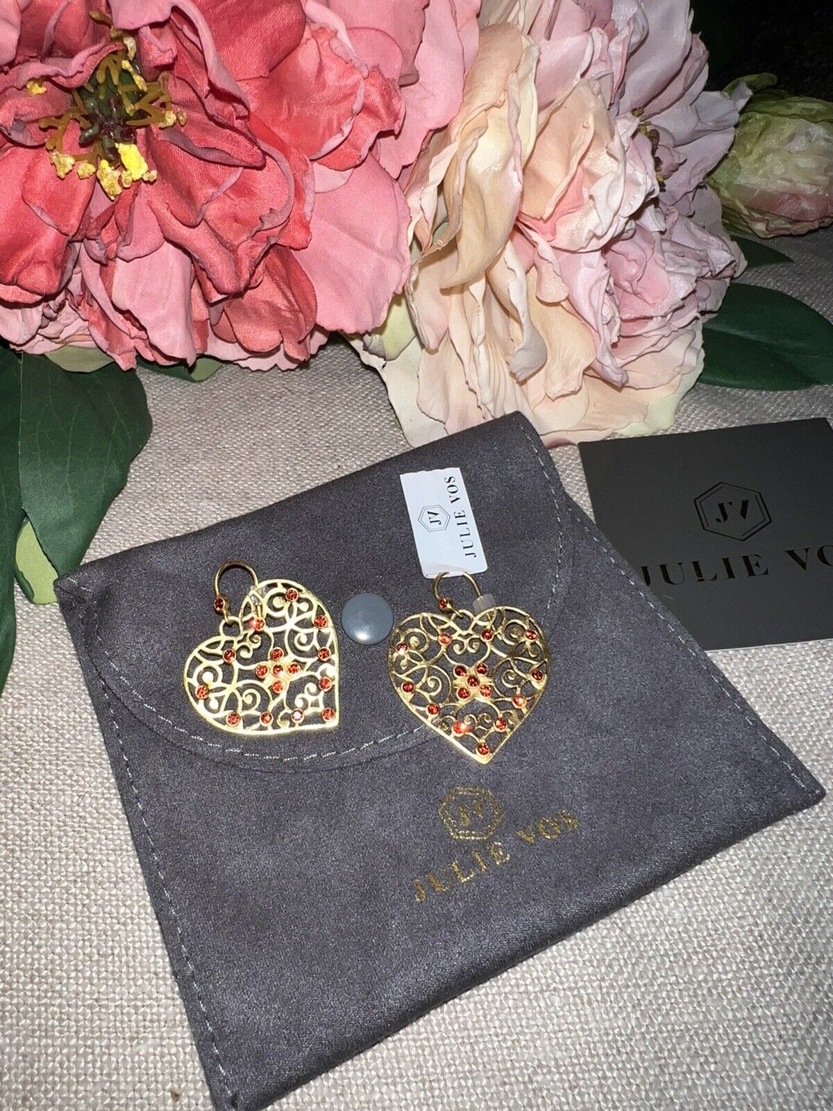 Julie Vos Ruby Red CZ Embellished Heart Earrings 24k Gold Plate   SPARKLY