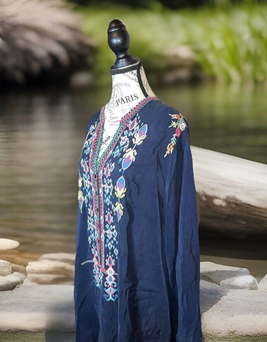 Johnny Was 3X 3XL Heavily Embroidered Navy Tunic Top Mini Dress Kimono Sleve