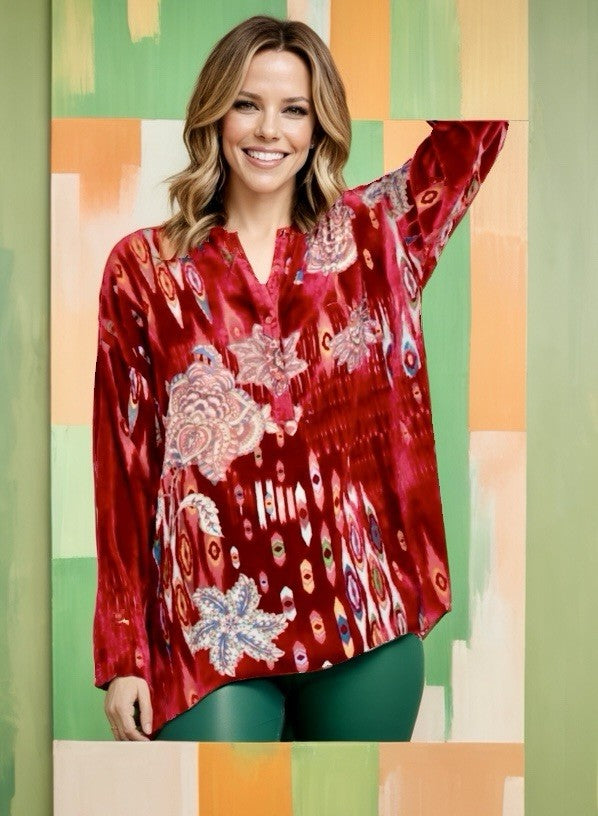 Johnny Was XL Red Burnout Velvet & Silk Button Up Blouse Tunic Top Shirt Johnny Was