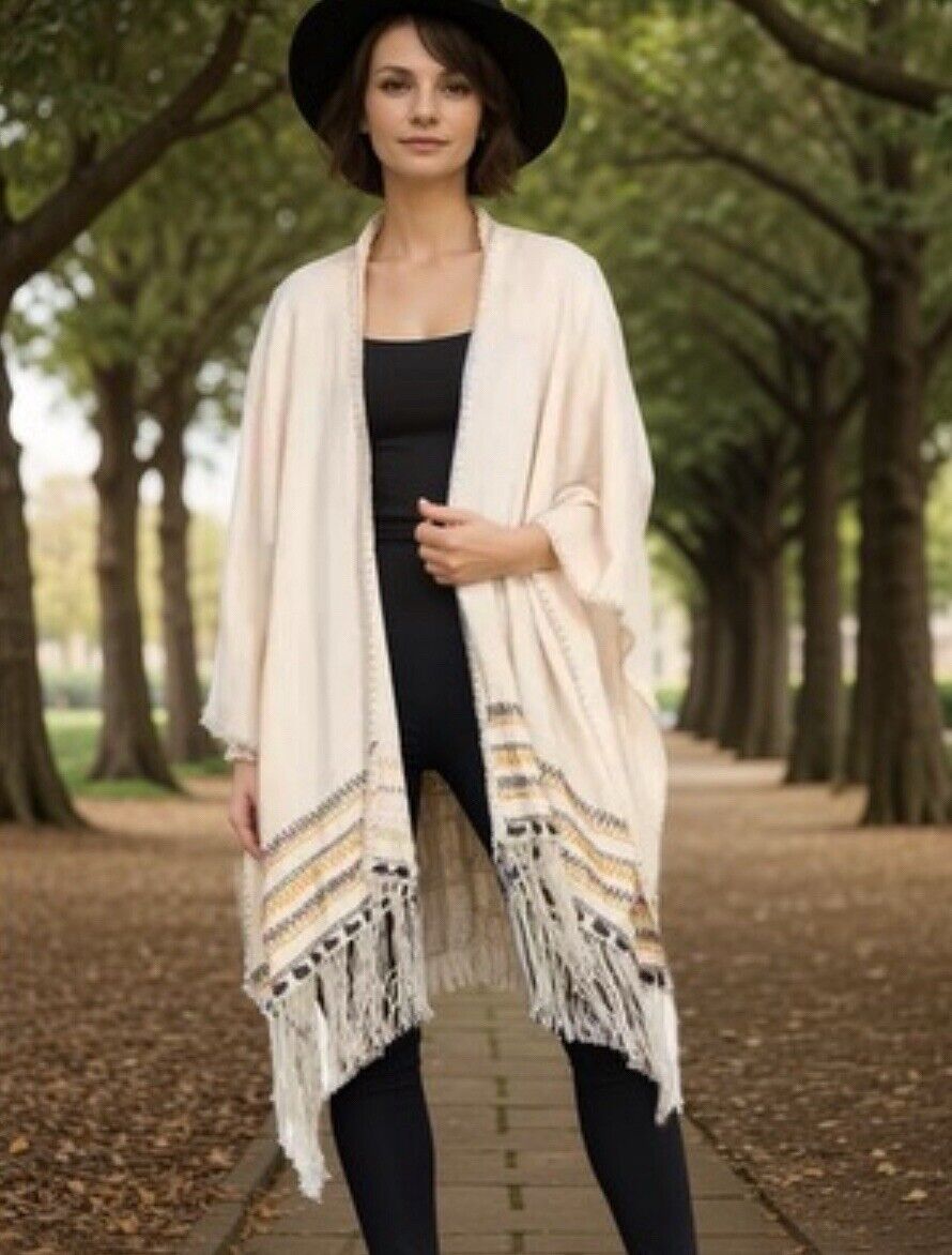 JOHNNY WAS O/S Poncho Linen Blend Cream One Size Open Front Fringe Boho FALL