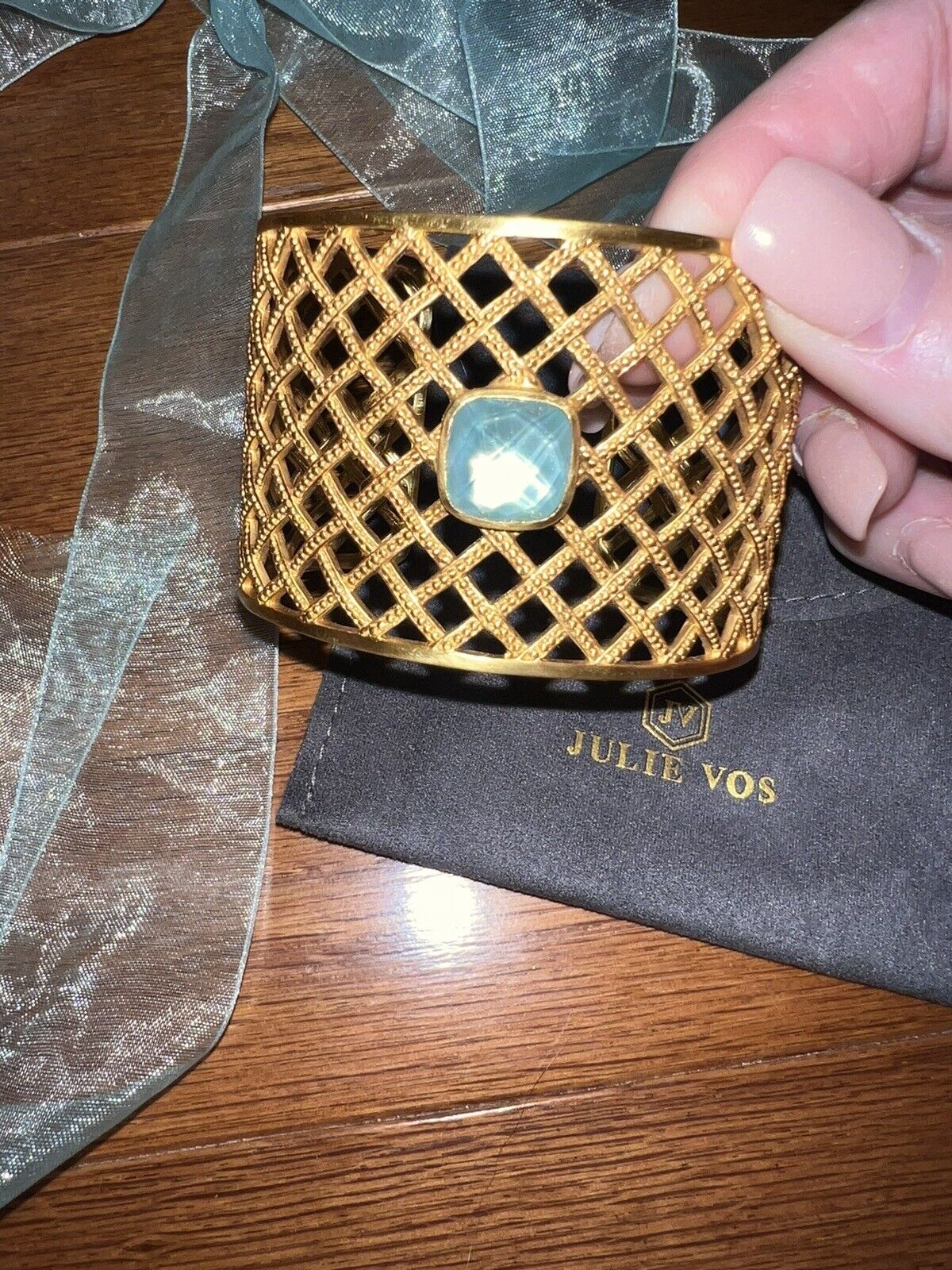 Julie Vos Basketweave Cuff W/ Iridescent Blue Stone Bracelet 24k Plate