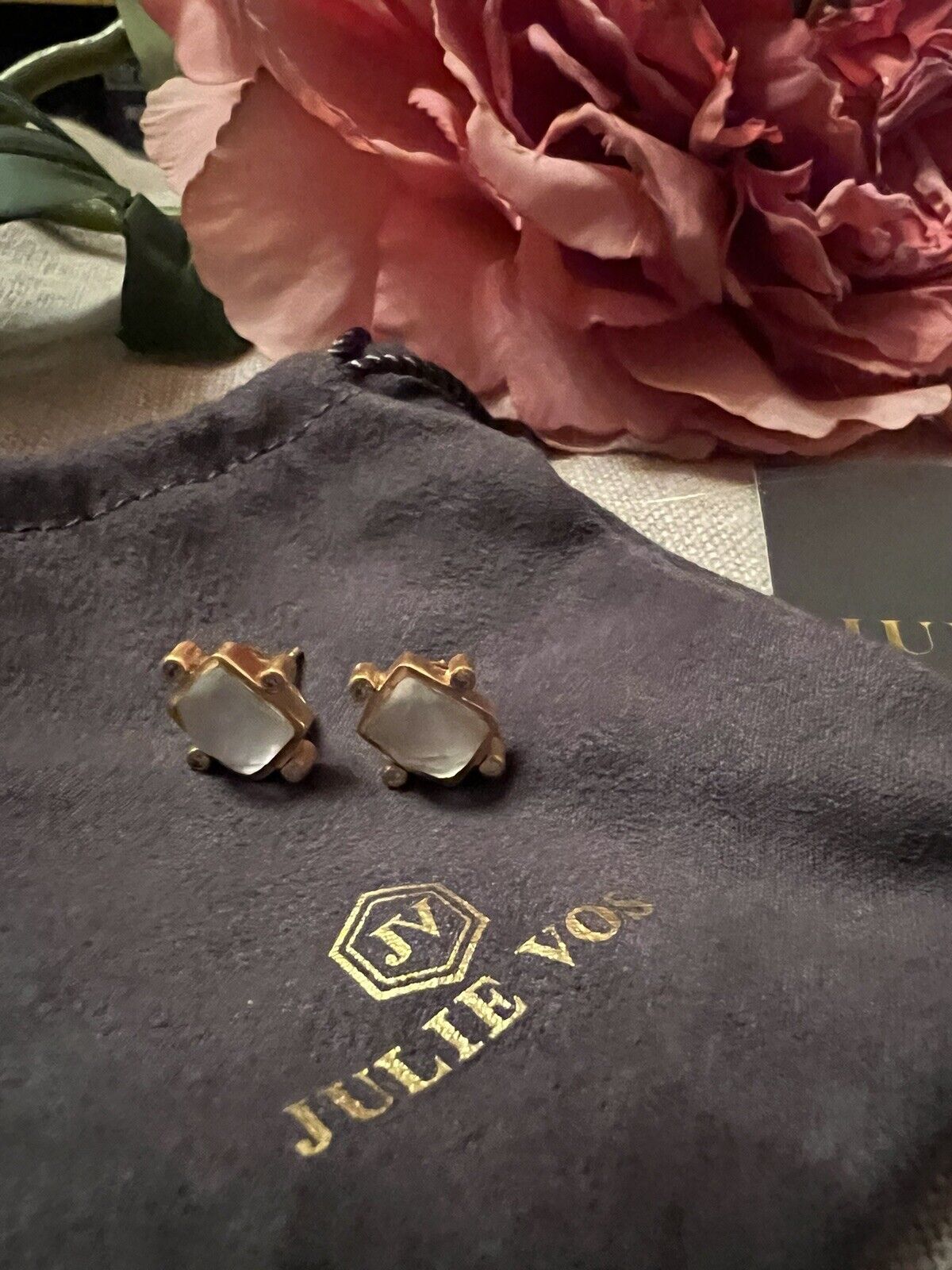 Julie Vos Iridescent Clear Stud Earrings 24k Gold Plated   CLASSIC