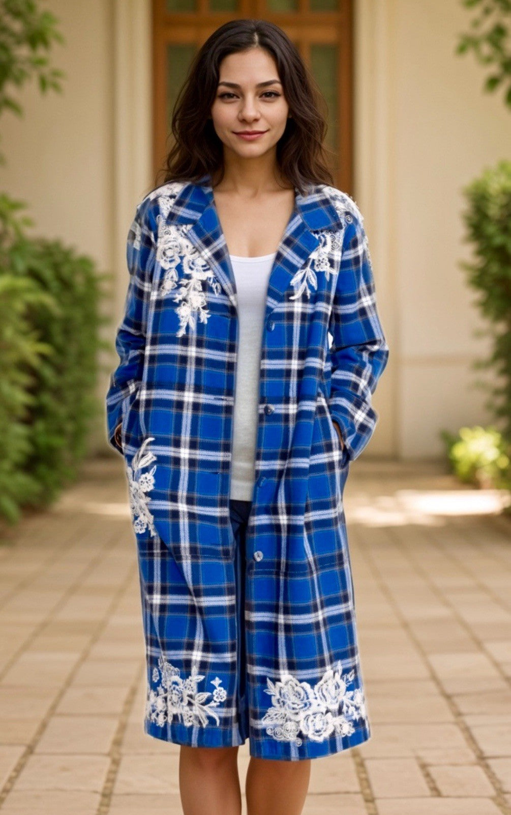 Johnny Was L Large Blue Plaid Trench Coat Jacket MIDI Embroidered Dragon Johnny Was