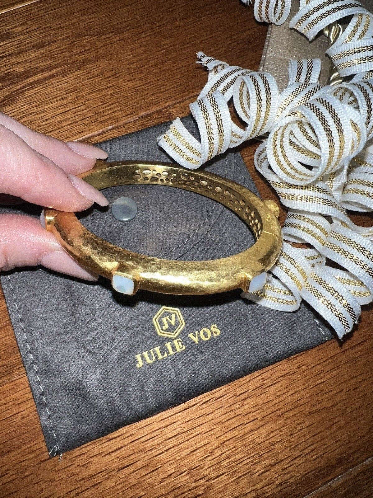 Julie Vos Hinged Bangle Bracelet Clear Iridescent Stones Slightly Milky In Color Julie Vos