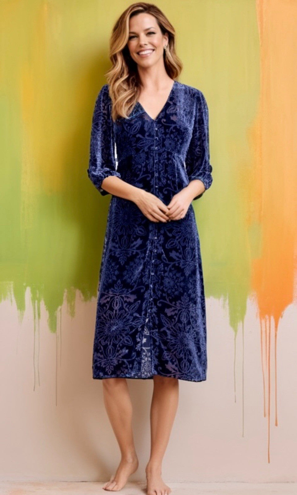 Johnny Was PXL Midnight Blue Velvet Burnout Shift MIDI Dress Lightweight Johnny Was