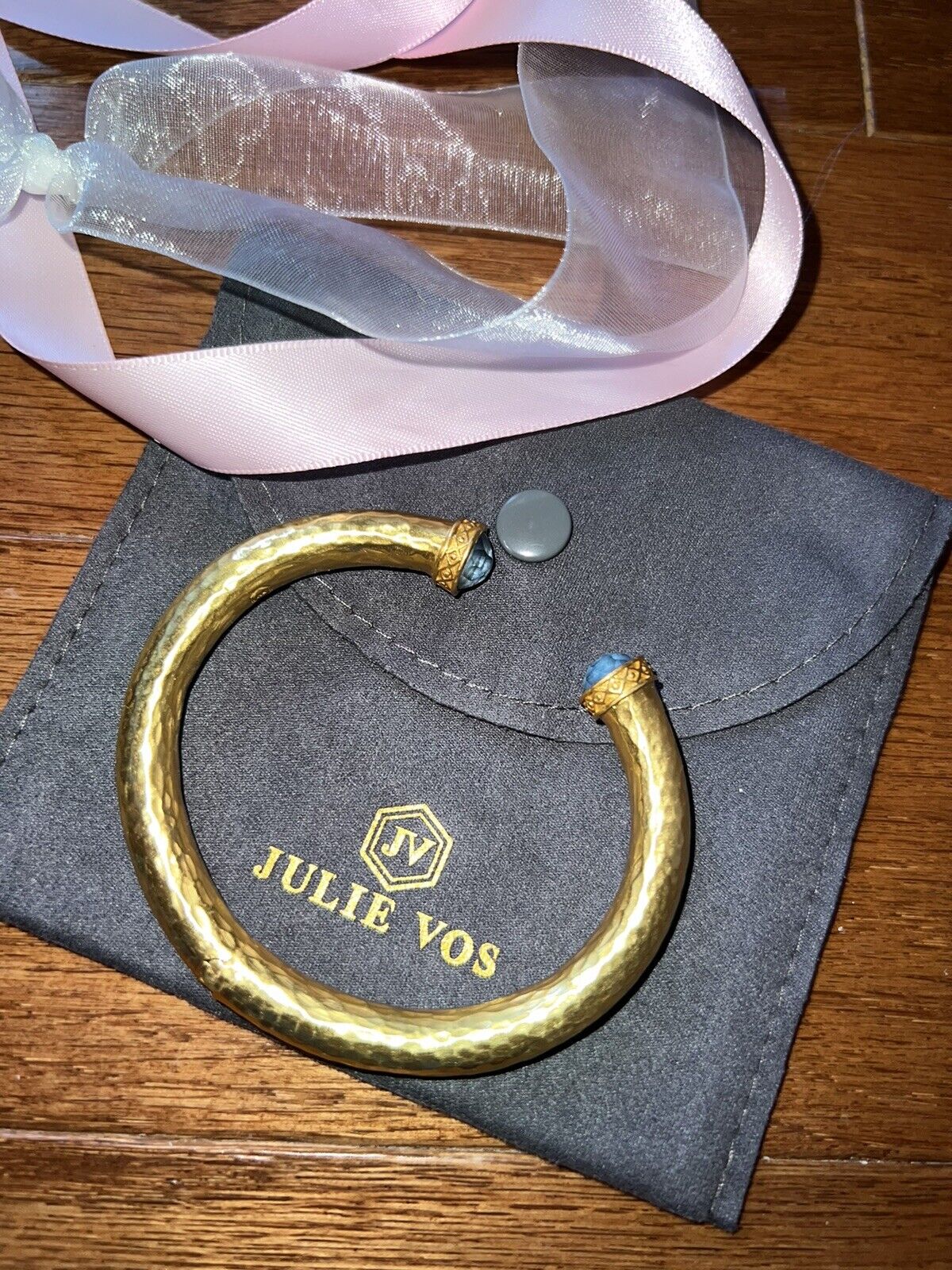 NEW Julie Vos Hinged Bangle Bracelet Blue Iridescent Glass 24k Gold Plated NWOT