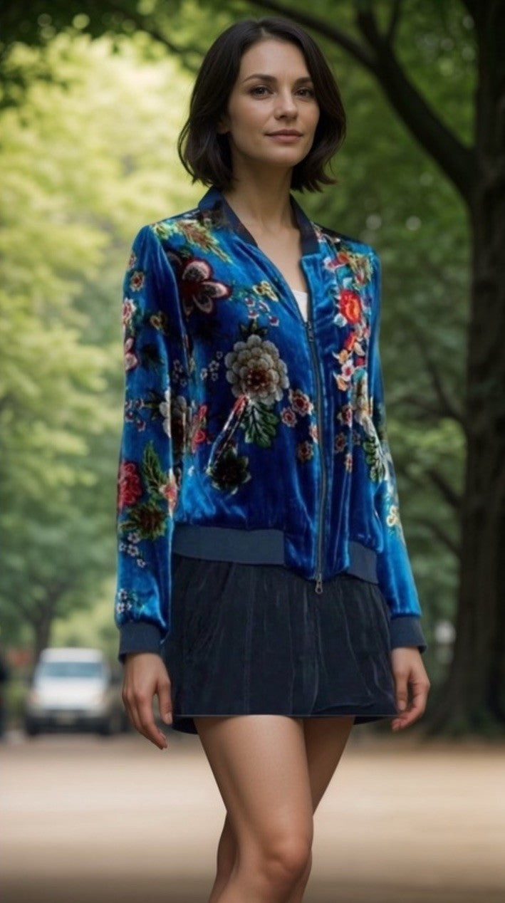 Johnny Was L Blue Velvet Bomber Jacket Flight Coat Floral Lightweight Warm Soft Johnny Was