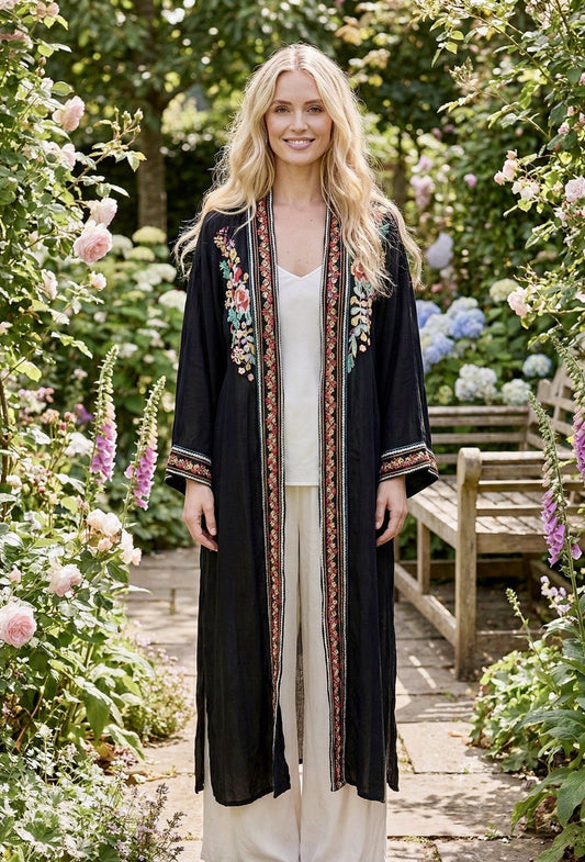 Johnny Was XXL Silky Black Long Kimono Duster Wrap Pockets Embroidered Bohemian Johnny Was