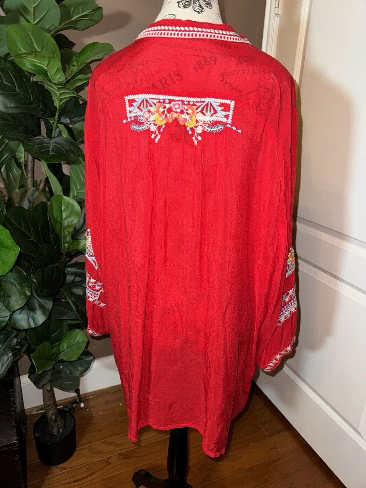 Johnny Was 3x 3XL Tunic Top Red Silky Handkerchief Hem Peasant Blouse