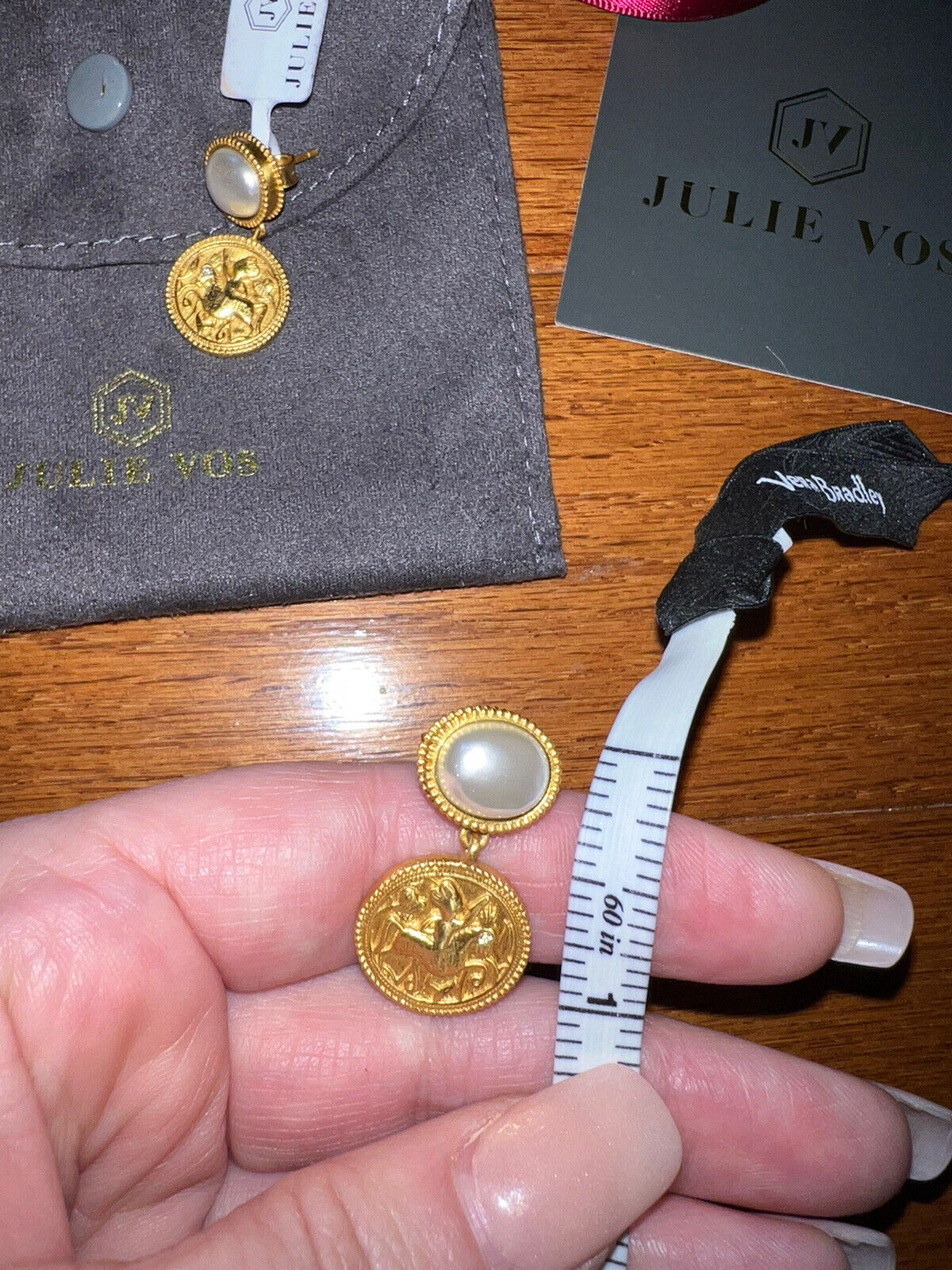 NEW Julie Vos Pearl & 24k Plated Coin Medallion Earrings GORGEOUS