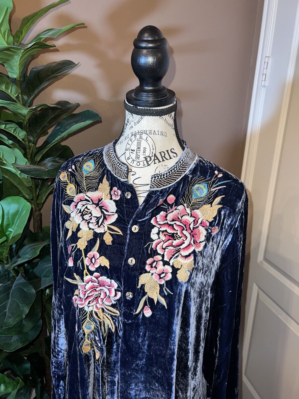 Johnny Was L Large Blue Velvet Kimono Mini Dress Peacock Feather Embroidery