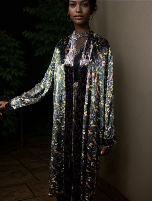 Johnny Was Velvet & Silk Long Kimono Duster L Large Butterflies & Leopard