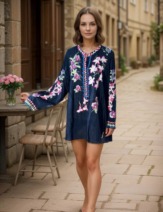 Johnny Was 1X Navy Blue Embroidered Tunic Top Blouse Silky Shirt Lightweight Johnny Was