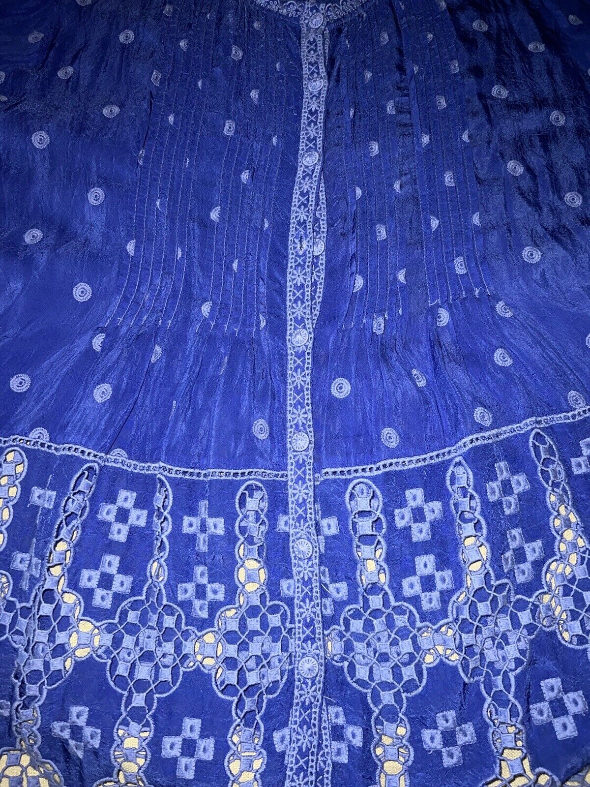 Johnny Was Sz XL Silky Cobalt Blue Tunic Top Embroidered Eyelet Lace Summer