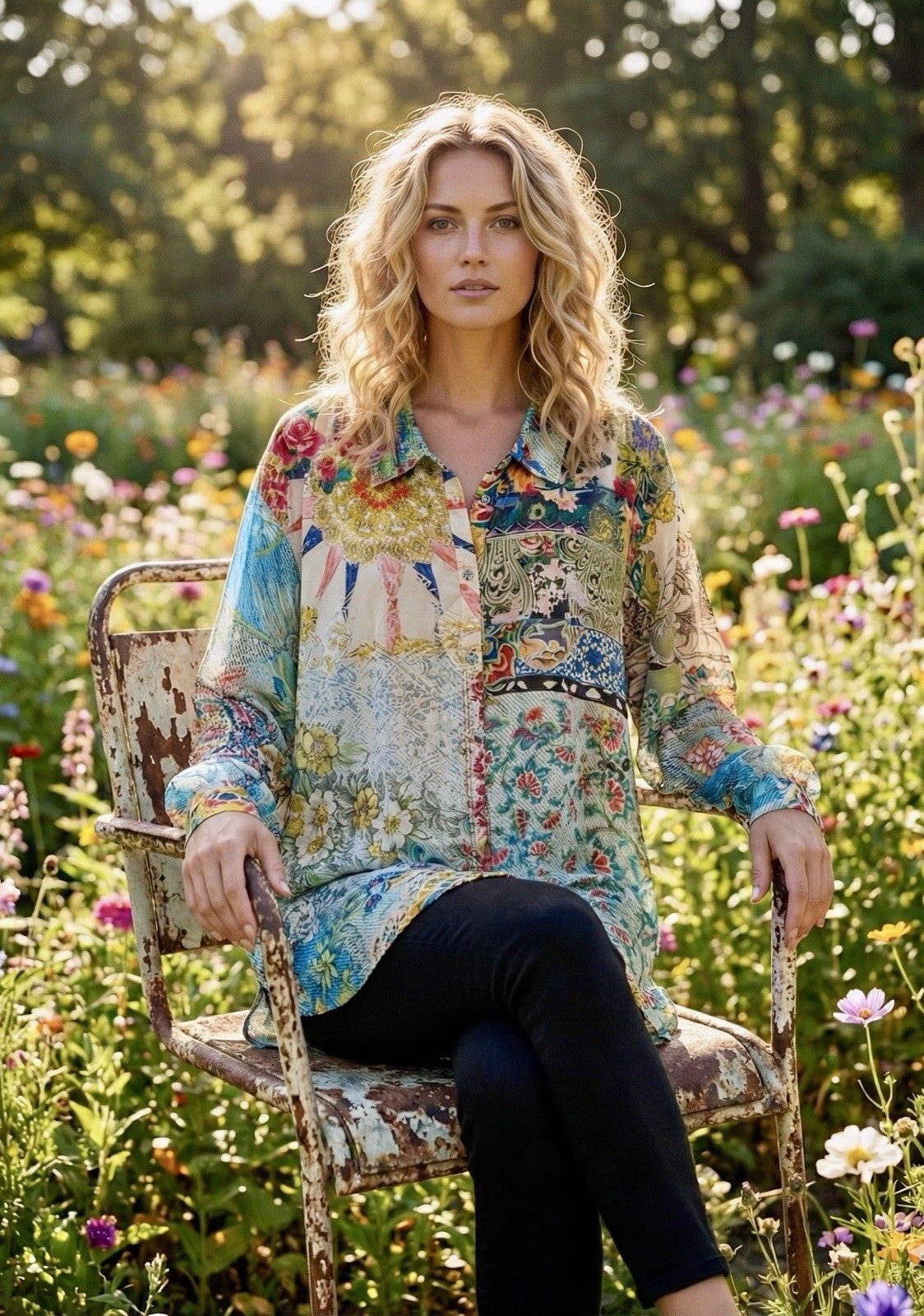 Johnny Was 3X 3XL 100% Silk Button Up Tunic Top Blouse Shirt Kimono L/S Johnny Was