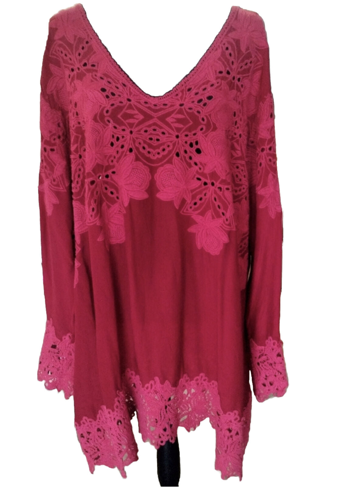 Johnny Was 2x Silky Red Tunic Top With Kimono Sleeves Eyelet Detail