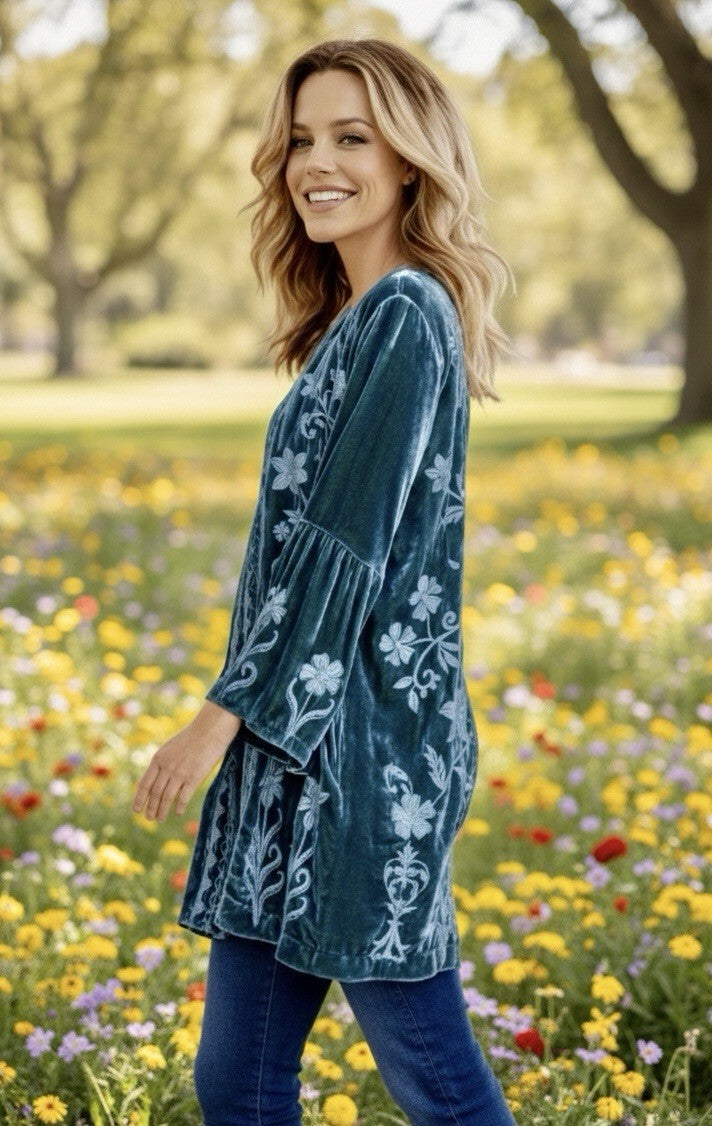 Johnny Was L Teal Green Velvet Kimono Duster Wrap Jacket Coat LUXE Embroidery Johnny Was