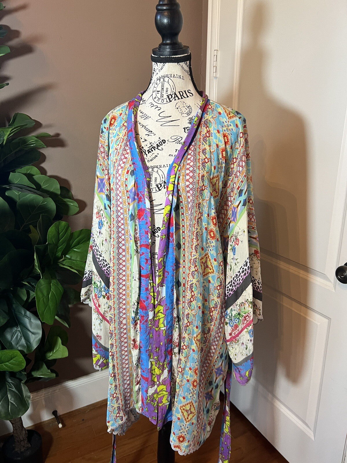 Johnny Was 2X Silky Kimono Jacket Floral W/ Belt Lavender Pink Lightweight Cool Johnny Was