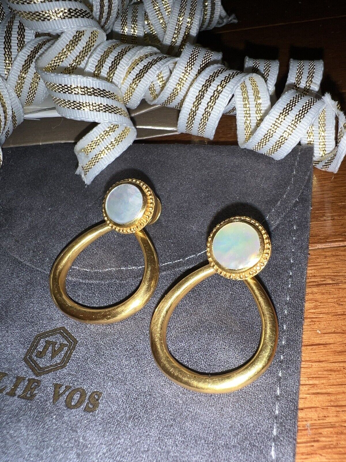 Julie Vos Mother Of Pearl Hanging Hoops 24k Gold Plate Earrings