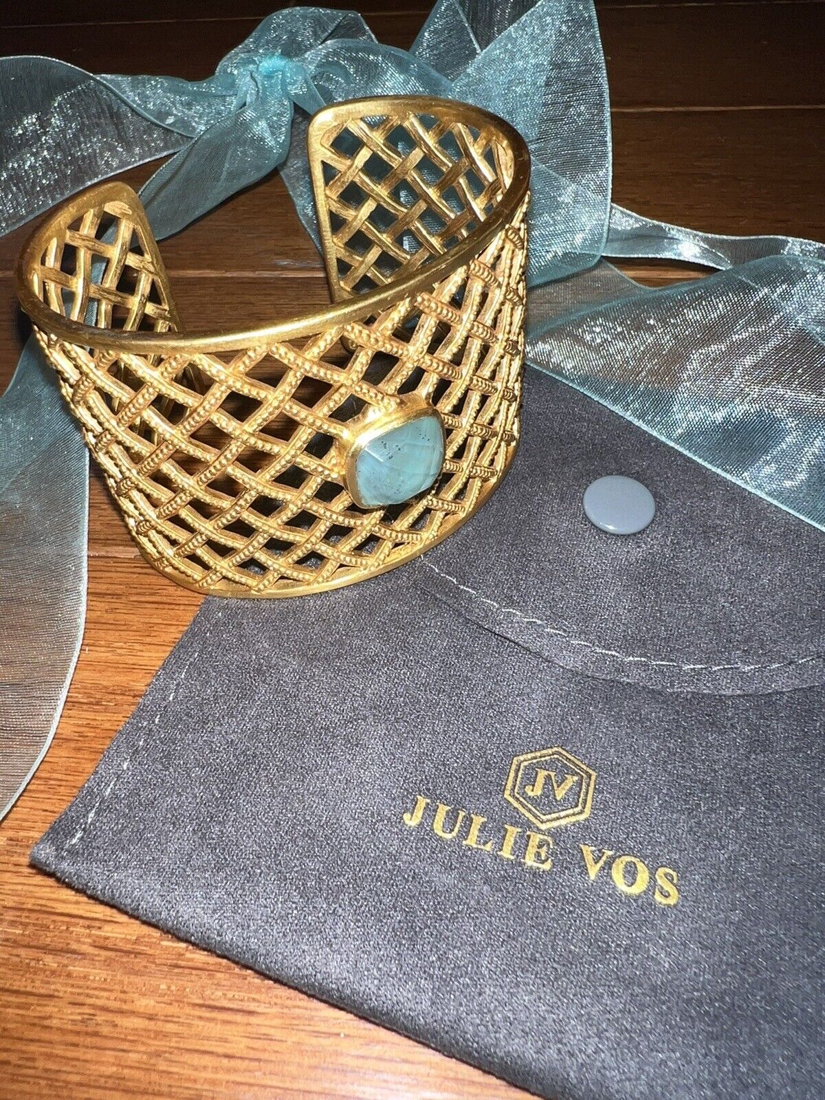 Julie Vos Basketweave Cuff W/ Iridescent Blue Stone Bracelet 24k Plate