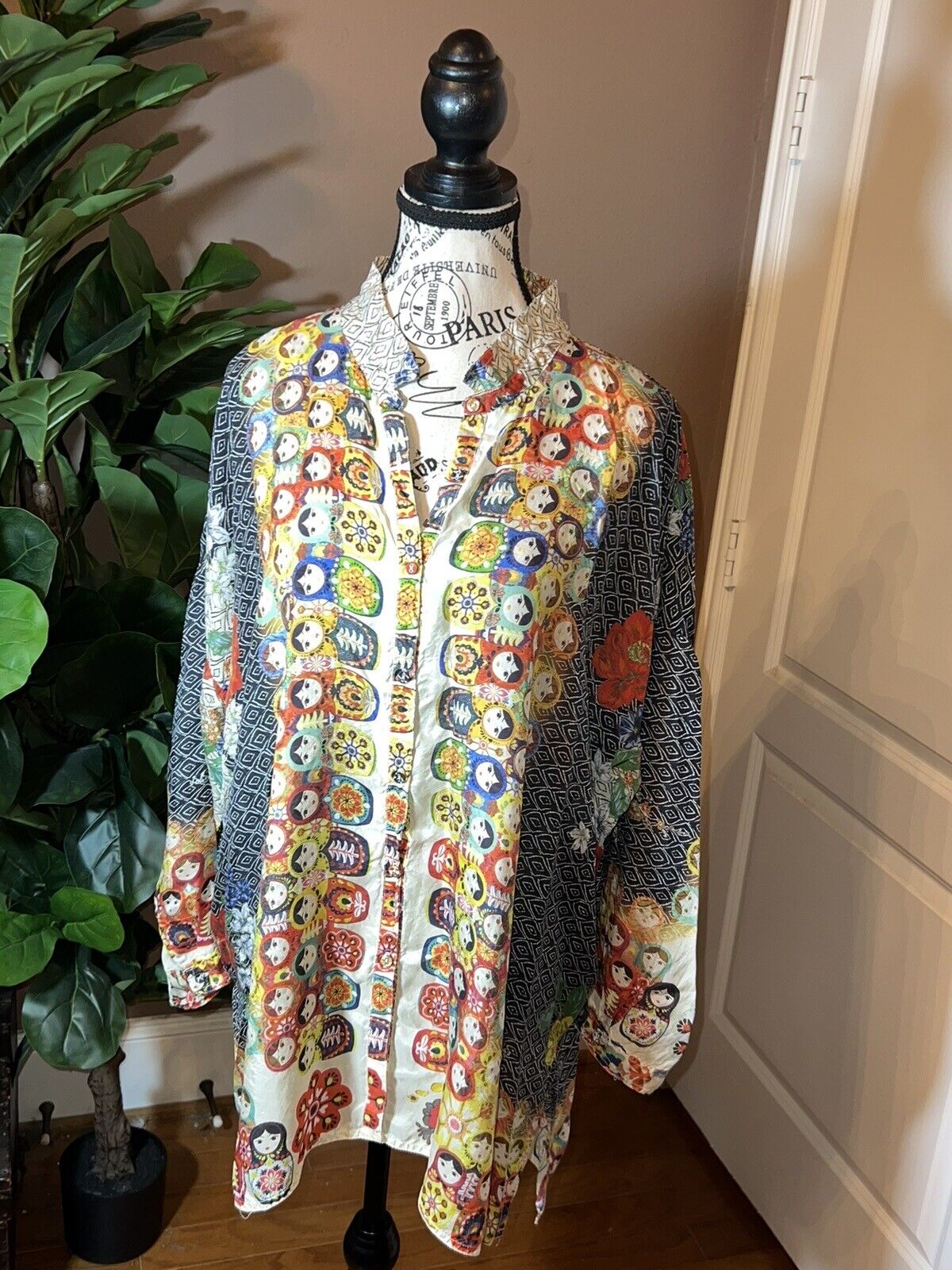 Johnny Was Nesting Dolls 100% Silk Blouse Top Tunic L  Large OVERSIZED