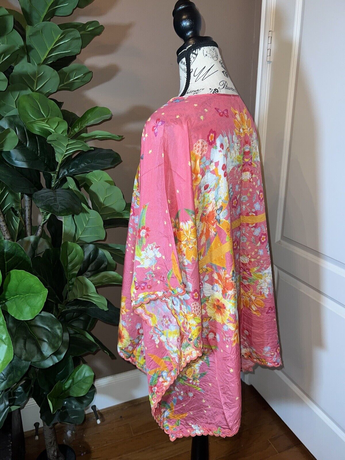 Johnny Was Pink O/S 100% Silk Kimono Wrap Top Cover Up Tassels Butterflies Flora