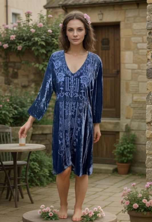 Johnny Was Blue Velvet Heavily Embroidered Mini Dress Long Sleeve Sz L Large