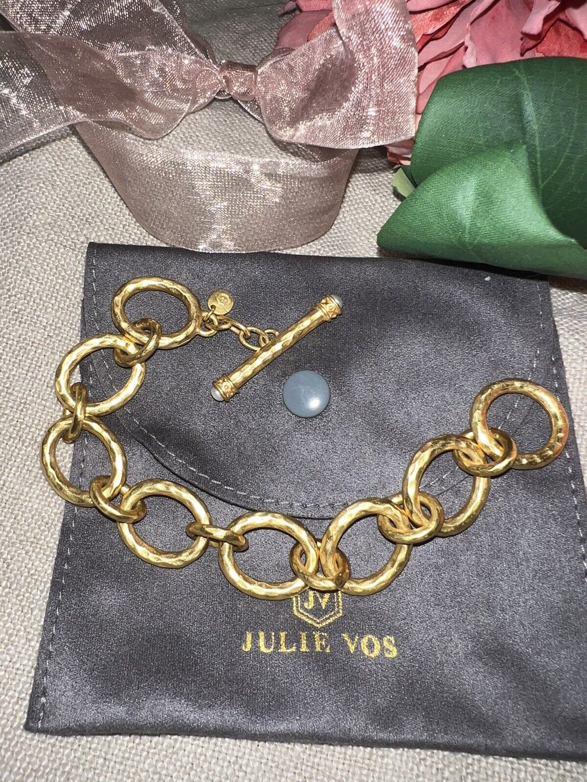 NEW Julie Vos 24k Gold Plated Toggle Chain Link Bracelet PEARL END CAPS NWOT