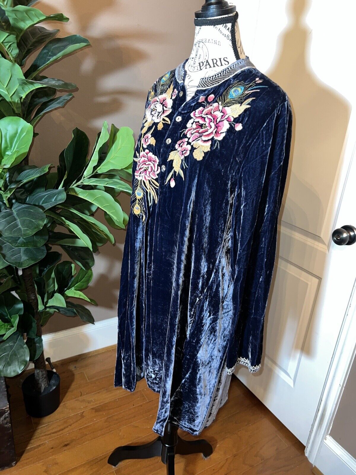 Johnny Was 1X Blue Velvet Kimono Mini Dress Peacock Feather Embroidery