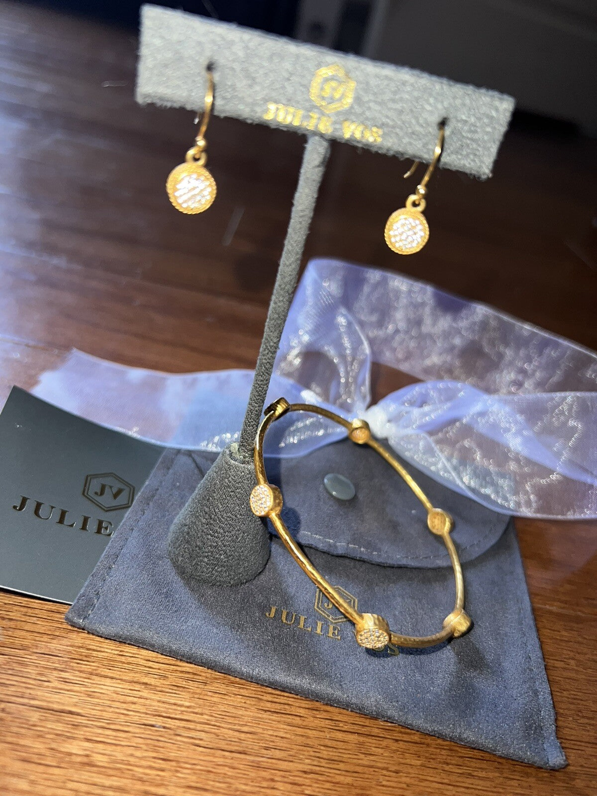 3pc Set Julie Vos Pave Earrings & CZ Stations Bracelet Bangle Sz Large Julie Vos