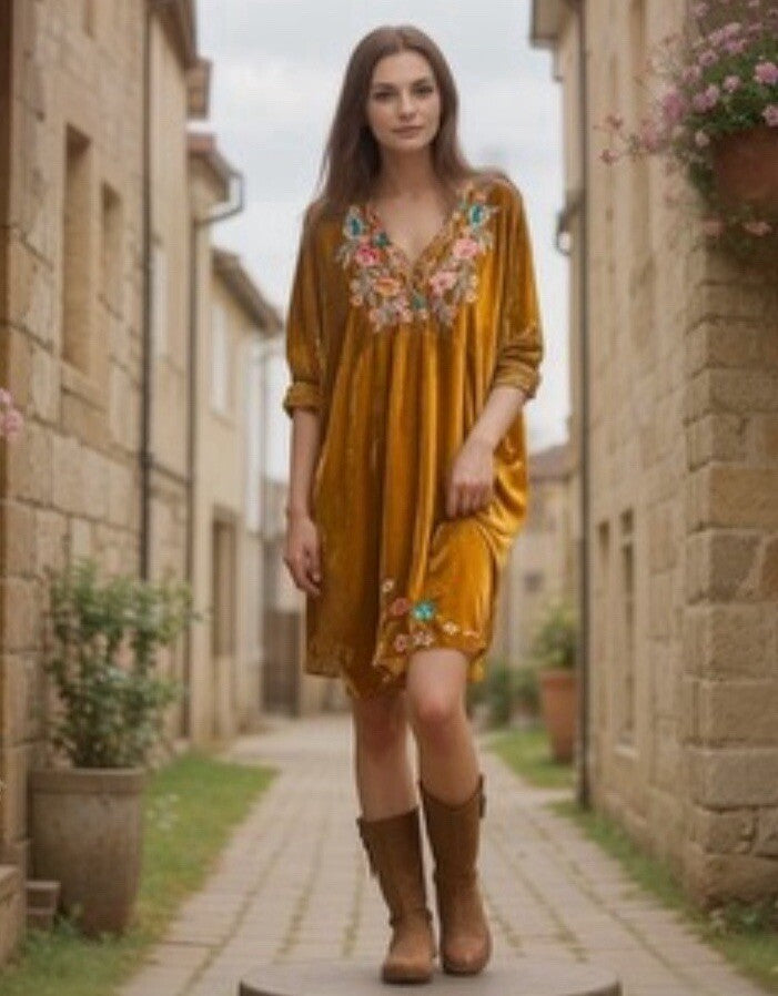 Johnny Was L Golden Velvet Embroidered Mini Dress Tunic Shift Top Babydoll LUXE Johnny Was