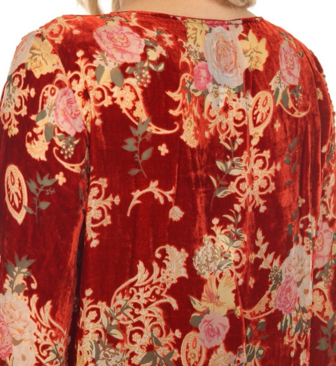 Johnny Was XL Red Burnout Velvet & Silk Tunic Top Peasant Blouse Shirt Johnny Was