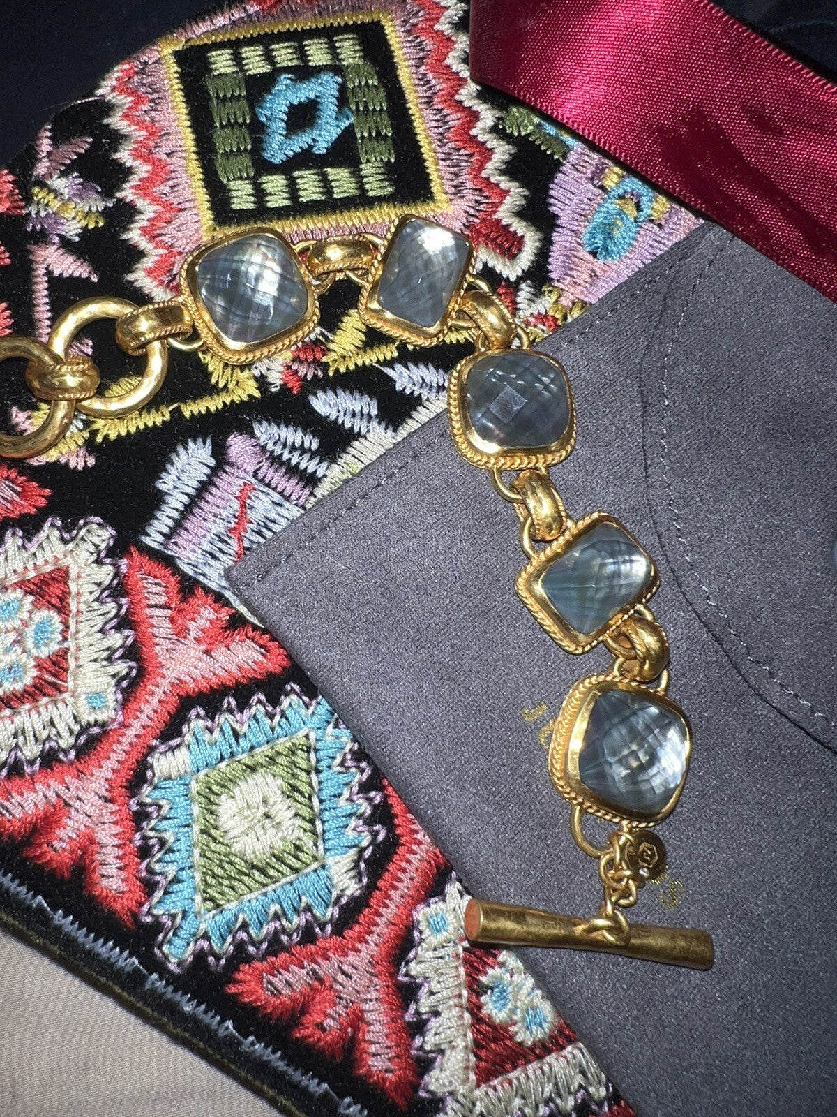 Julie Vos Iridescent Charcoal Blue Link Bracelet 24k Plate Adjustable Toggle Julie Vos