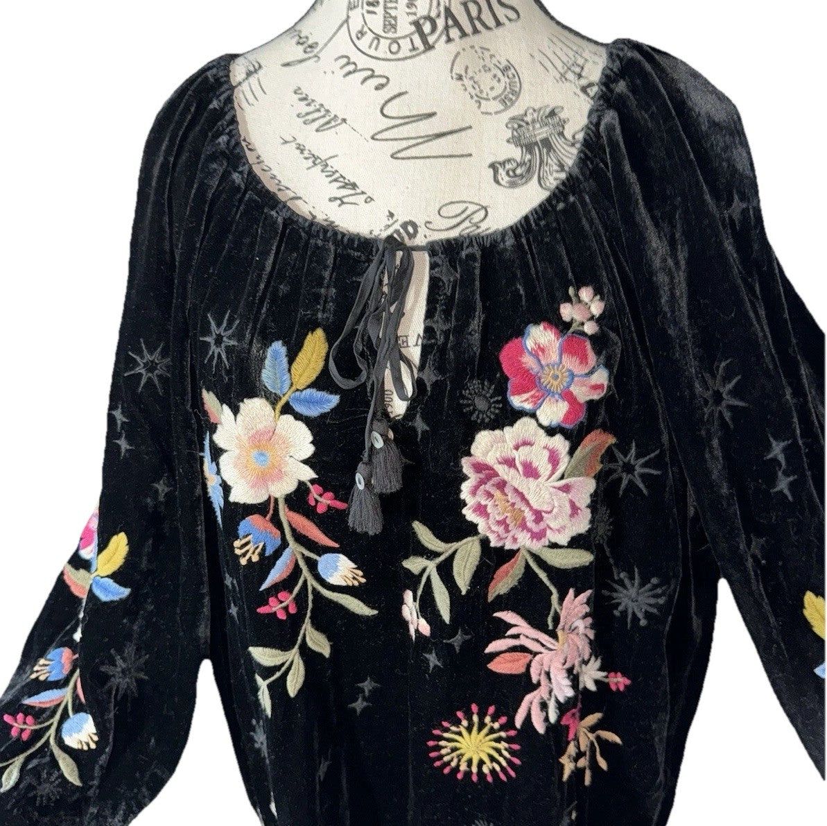Johnny Was L Large Black Velvet Roses & Stars Embroidered Peasant Tunic Top Johnny Was