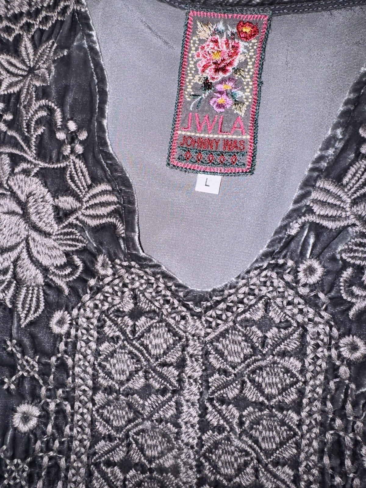 Johnny Was L Large Grey Velvet Tunic Top Blouse  Tonal Embroidery Shirt Johnny Was