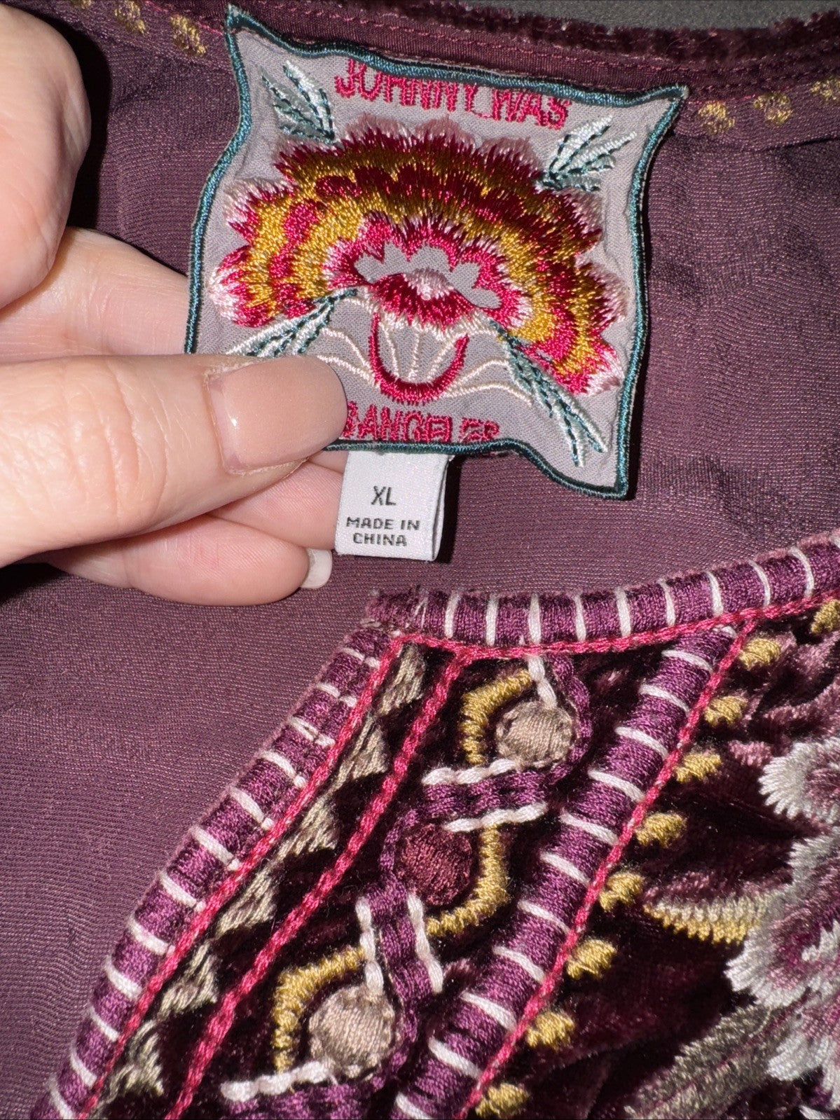 Johnny Was XL Wine Velvet Peasant Blouse Embroidered Tunic Top Kimono Sleeve Johnny Was